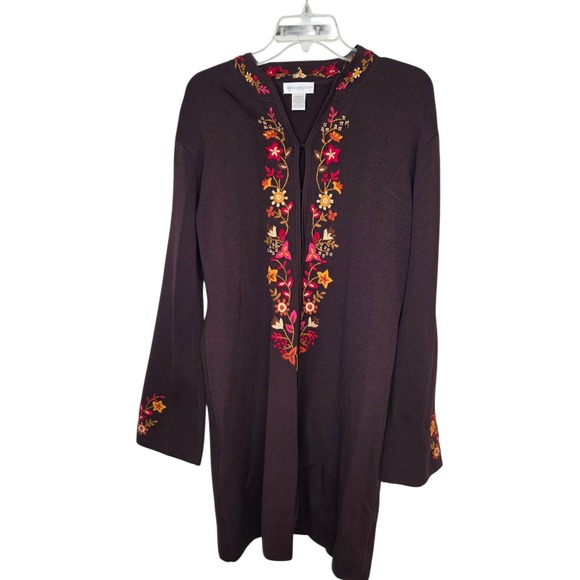 Worthington‎ Women's Medium Cardigan Duster Embroidered Floral Knit Brown - Picture 2 of 13